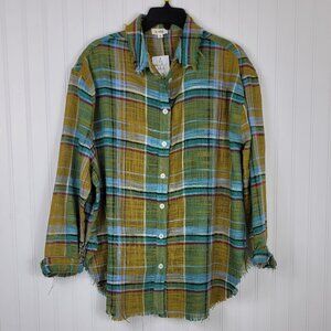 NWT La Miel Multicolor Plaid Raw Hen Button Down, Cotton Sz. M Fits Large